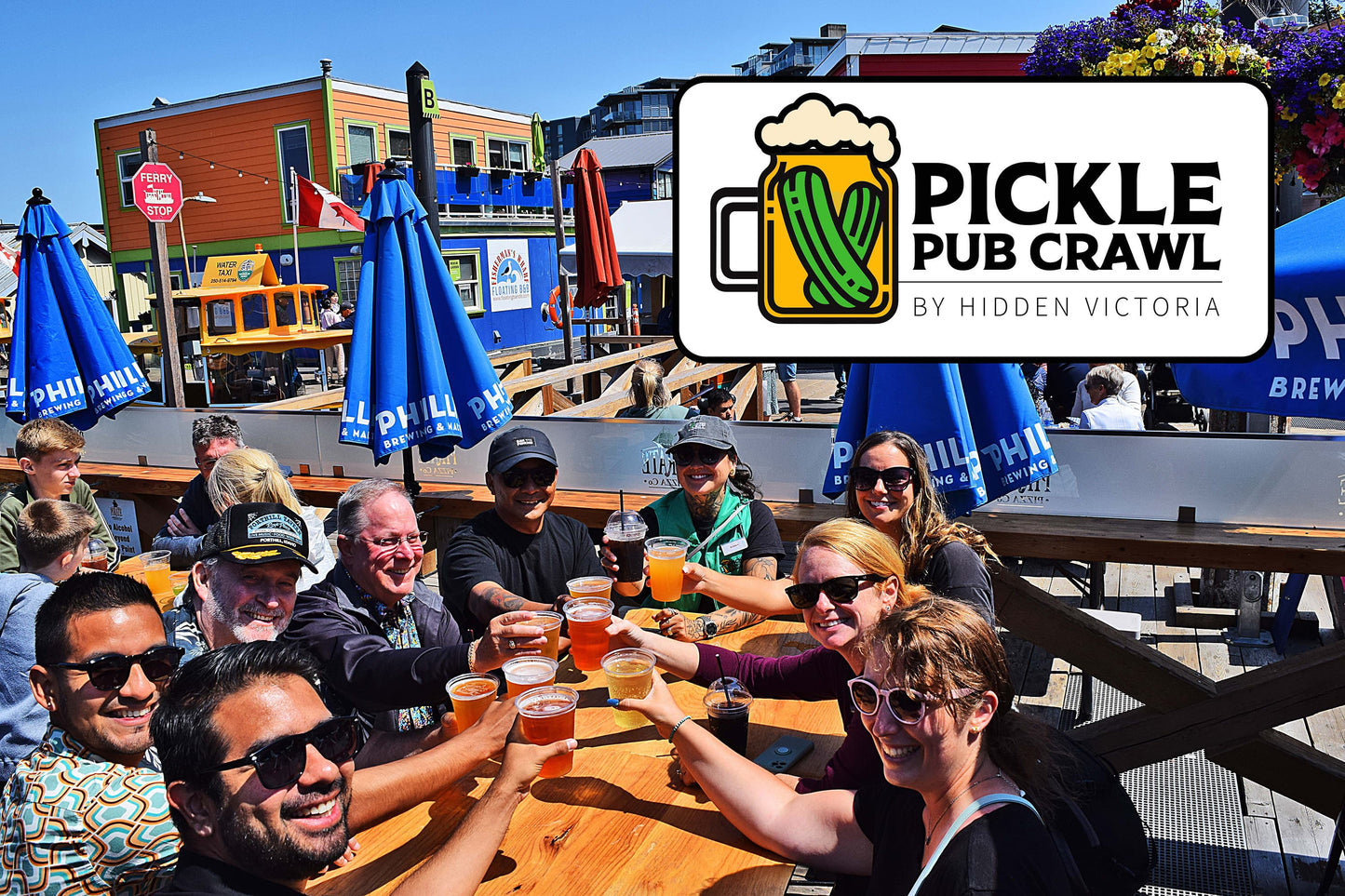 Group of people enjoying drinks at an outdoor bar with Pickle Pub Crawl logo overlay.