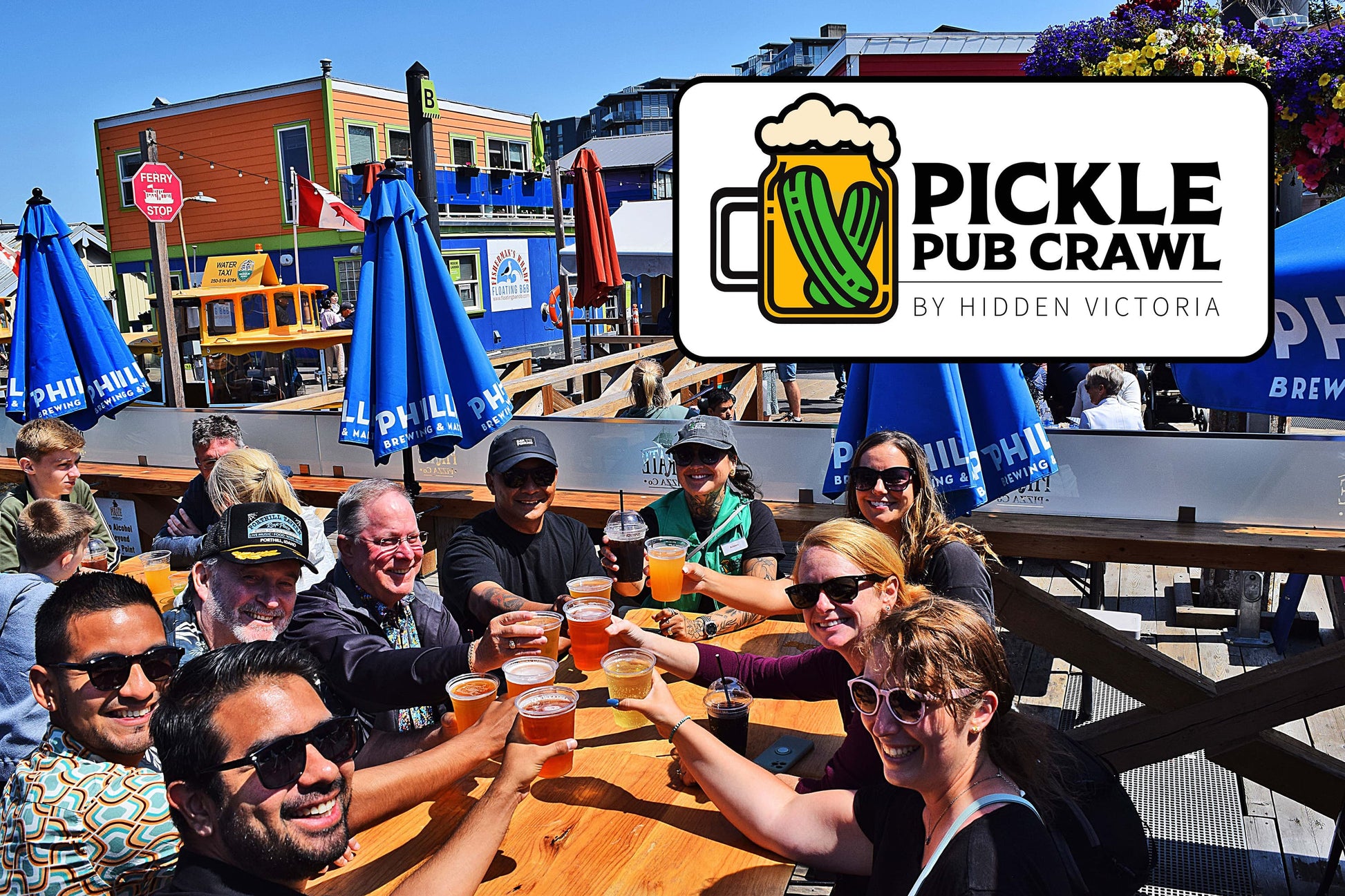 Group of people enjoying drinks at an outdoor bar with Pickle Pub Crawl logo overlay.