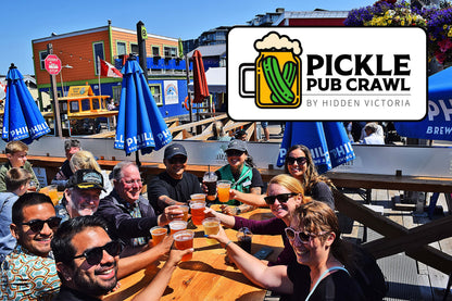 Group of people enjoying drinks at an outdoor bar with Pickle Pub Crawl logo overlay.