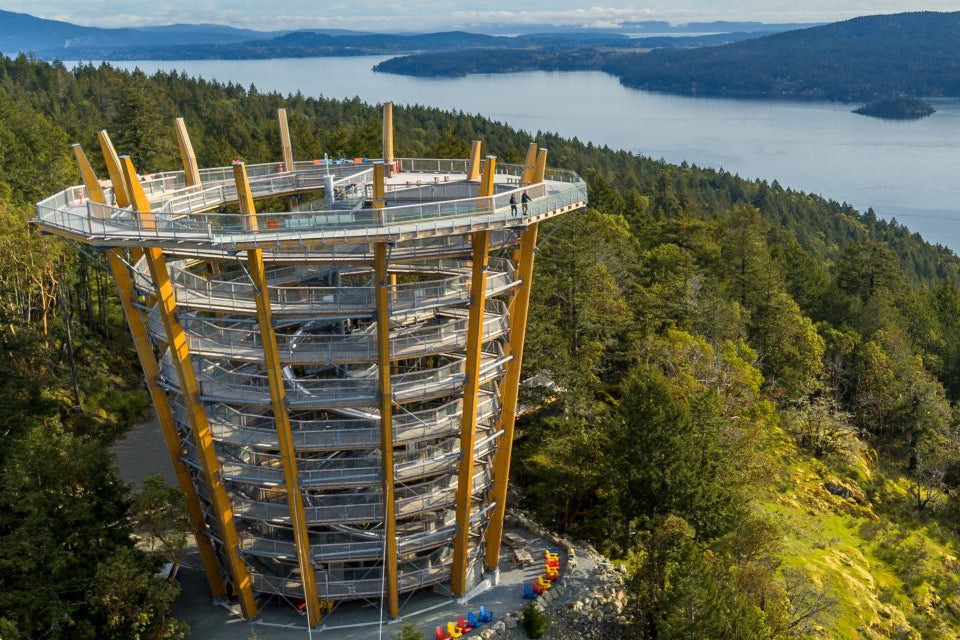 Malahat Skywalk with ocean and mountains in the background