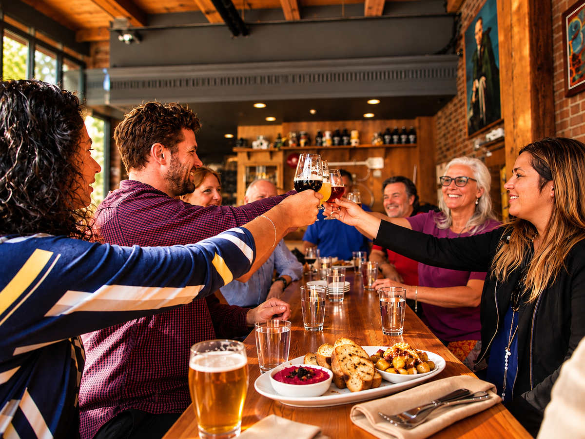 A group of friends and family sharing a joyful moment at a historical downtown Victoria Pub, clinking glasses of a local cocktail called a Shaft with plates of food on the table in a warmly lit restaurant setting.